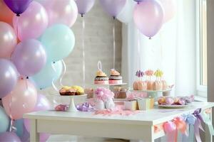 de fête anniversaire fête décorations sur table avec gâteau, présent des boites et des ballons sur pastel Couleur concept par ai généré photo