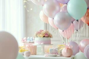 de fête anniversaire fête décorations sur table avec gâteau, présent des boites et des ballons sur pastel Couleur concept par ai généré photo