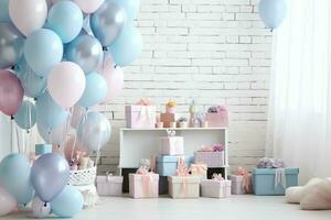 de fête anniversaire fête décorations sur table avec gâteau, présent des boites et des ballons sur pastel Couleur concept par ai généré photo