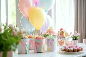 de fête anniversaire fête décorations sur table avec gâteau, présent des boites et des ballons sur pastel Couleur concept par ai généré photo