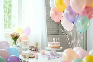 de fête anniversaire fête décorations sur table avec gâteau, présent des boites et des ballons sur pastel Couleur concept par ai généré photo