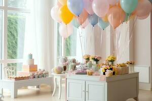 de fête anniversaire fête décorations sur table avec gâteau, présent des boites et des ballons sur pastel Couleur concept par ai généré photo