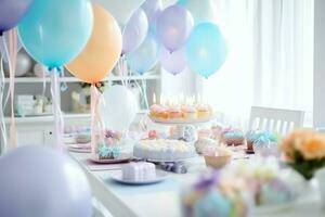 de fête anniversaire fête décorations sur table avec gâteau, présent des boites et des ballons sur pastel Couleur concept par ai généré photo