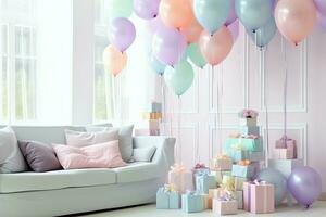 de fête anniversaire fête décorations sur table avec gâteau, présent des boites et des ballons sur pastel Couleur concept par ai généré photo