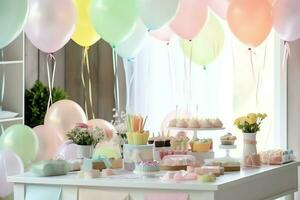 de fête anniversaire fête décorations sur table avec gâteau, présent des boites et des ballons sur pastel Couleur concept par ai généré photo