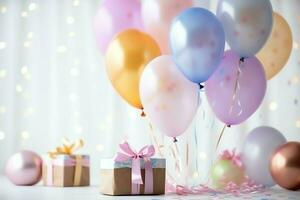 de fête anniversaire fête décorations sur table avec gâteau, présent des boites et des ballons sur pastel Couleur concept par ai généré photo