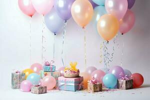 de fête anniversaire fête décorations sur table avec gâteau, présent des boites et des ballons sur pastel Couleur concept par ai généré photo