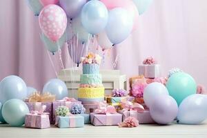 de fête anniversaire fête décorations sur table avec gâteau, présent des boites et des ballons sur pastel Couleur concept par ai généré photo