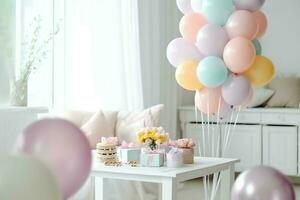 de fête anniversaire fête décorations sur table avec gâteau, présent des boites et des ballons sur pastel Couleur concept par ai généré photo