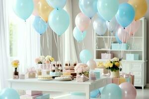 de fête anniversaire fête décorations sur table avec gâteau, présent des boites et des ballons sur pastel Couleur concept par ai généré photo