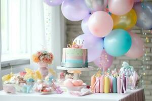 de fête anniversaire fête décorations sur table avec gâteau, présent des boites et des ballons sur pastel Couleur concept par ai généré photo