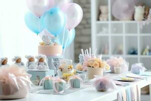 de fête anniversaire fête décorations sur table avec gâteau, présent des boites et des ballons sur pastel Couleur concept par ai généré photo