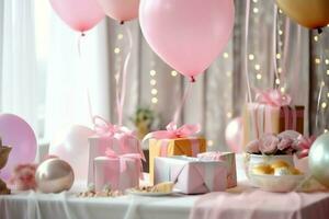 de fête anniversaire fête décorations sur table avec gâteau, présent des boites et des ballons sur pastel Couleur concept par ai généré photo