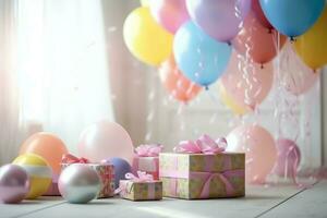 de fête anniversaire fête décorations sur table avec gâteau, présent des boites et des ballons sur pastel Couleur concept par ai généré photo