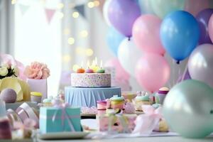 de fête anniversaire fête décorations sur table avec gâteau, présent des boites et des ballons sur pastel Couleur concept par ai généré photo