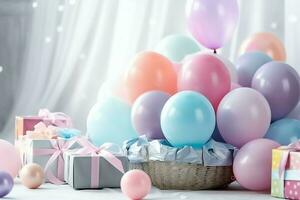 de fête anniversaire fête décorations sur table avec gâteau, présent des boites et des ballons sur pastel Couleur concept par ai généré photo