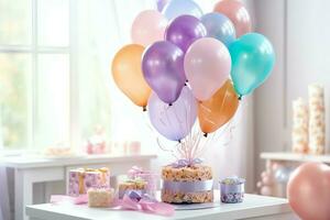 de fête anniversaire fête décorations sur table avec gâteau, présent des boites et des ballons sur pastel Couleur concept par ai généré photo