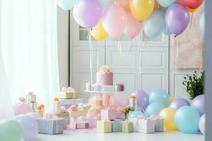 de fête anniversaire fête décorations sur table avec gâteau, présent des boites et des ballons sur pastel Couleur concept par ai généré photo