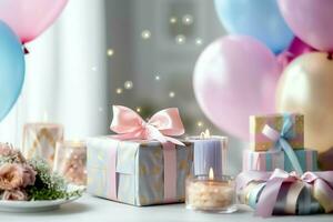 de fête anniversaire fête décorations sur table avec gâteau, présent des boites et des ballons sur pastel Couleur concept par ai généré photo