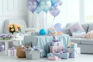 de fête anniversaire fête décorations sur table avec gâteau, présent des boites et des ballons sur pastel Couleur concept par ai généré photo