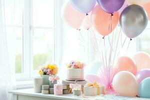 de fête anniversaire fête décorations sur table avec gâteau, présent des boites et des ballons sur pastel Couleur concept par ai généré photo