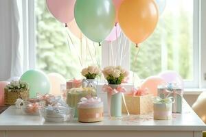 de fête anniversaire fête décorations sur table avec gâteau, présent des boites et des ballons sur pastel Couleur concept par ai généré photo