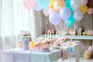 de fête anniversaire fête décorations sur table avec gâteau, présent des boites et des ballons sur pastel Couleur concept par ai généré photo