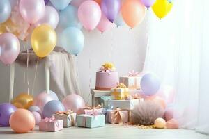 de fête anniversaire fête décorations sur table avec gâteau, présent des boites et des ballons sur pastel Couleur concept par ai généré photo