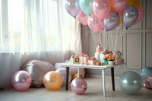 de fête anniversaire fête décorations sur table avec gâteau, présent des boites et des ballons sur pastel Couleur concept par ai généré photo