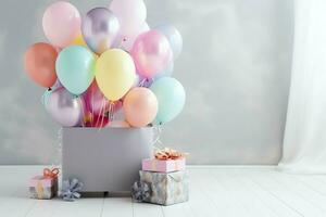 de fête anniversaire fête décorations sur table avec gâteau, présent des boites et des ballons sur pastel Couleur concept par ai généré photo