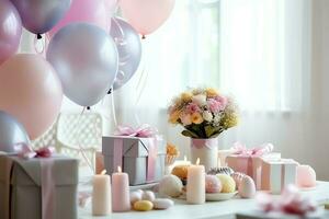 de fête anniversaire fête décorations sur table avec gâteau, présent des boites et des ballons sur pastel Couleur concept par ai généré photo