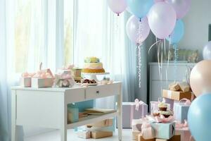 de fête anniversaire fête décorations sur table avec gâteau, présent des boites et des ballons sur pastel Couleur concept par ai généré photo