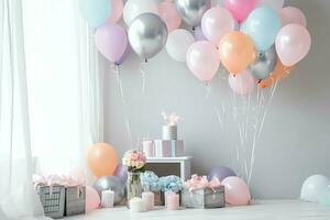 de fête anniversaire fête décorations sur table avec gâteau, présent des boites et des ballons sur pastel Couleur concept par ai généré photo