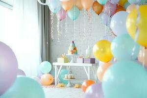 de fête anniversaire fête décorations sur table avec gâteau, présent des boites et des ballons sur pastel Couleur concept par ai généré photo