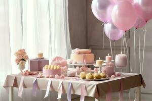 de fête anniversaire fête décorations sur table avec gâteau, présent des boites et des ballons sur pastel Couleur concept par ai généré photo