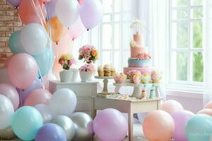 de fête anniversaire fête décorations sur table avec gâteau, présent des boites et des ballons sur pastel Couleur concept par ai généré photo