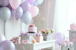 de fête anniversaire fête décorations sur table avec gâteau, présent des boites et des ballons sur pastel Couleur concept par ai généré photo