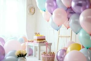 de fête anniversaire fête décorations sur table avec gâteau, présent des boites et des ballons sur pastel Couleur concept par ai généré photo