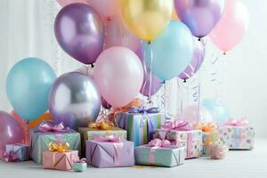 de fête anniversaire fête décorations sur table avec gâteau, présent des boites et des ballons sur pastel Couleur concept par ai généré photo