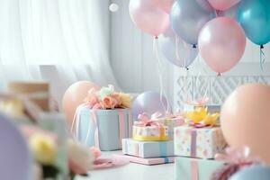 de fête anniversaire fête décorations sur table avec gâteau, présent des boites et des ballons sur pastel Couleur concept par ai généré photo