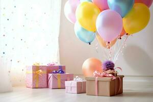 de fête anniversaire fête décorations sur table avec gâteau, présent des boites et des ballons sur pastel Couleur concept par ai généré photo