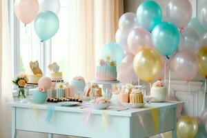 de fête anniversaire fête décorations sur table avec gâteau, présent des boites et des ballons sur pastel Couleur concept par ai généré photo