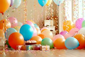 de fête anniversaire fête décorations sur table avec gâteau, présent des boites et des ballons sur pastel Couleur concept par ai généré photo