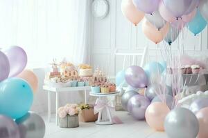 de fête anniversaire fête décorations sur table avec gâteau, présent des boites et des ballons sur pastel Couleur concept par ai généré photo