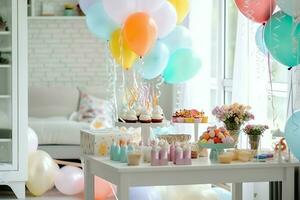 de fête anniversaire fête décorations sur table avec gâteau, présent des boites et des ballons sur pastel Couleur concept par ai généré photo