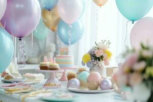 de fête anniversaire fête décorations sur table avec gâteau, présent des boites et des ballons sur pastel Couleur concept par ai généré photo