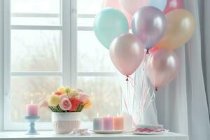 de fête anniversaire fête décorations sur table avec gâteau, présent des boites et des ballons sur pastel Couleur concept par ai généré photo