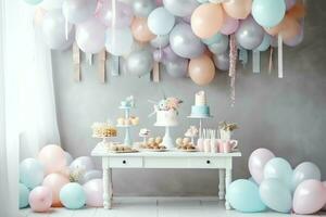 de fête anniversaire fête décorations sur table avec gâteau, présent des boites et des ballons sur pastel Couleur concept par ai généré photo