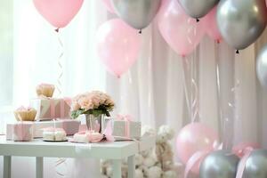 de fête anniversaire fête décorations sur table avec gâteau, présent des boites et des ballons sur pastel Couleur concept par ai généré photo