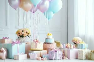 de fête anniversaire fête décorations sur table avec gâteau, présent des boites et des ballons sur pastel Couleur concept par ai généré photo